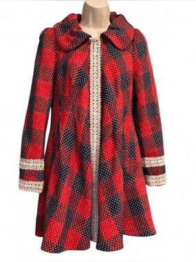 Ryu Red & Black Plaid Lace-Trim Hooded Cape Coat